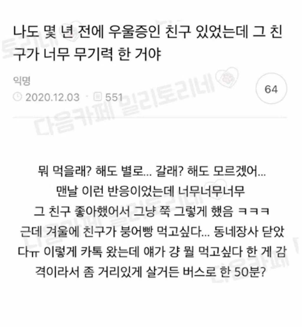 우울증 걸린 친구가 먹고싶어 하던 것