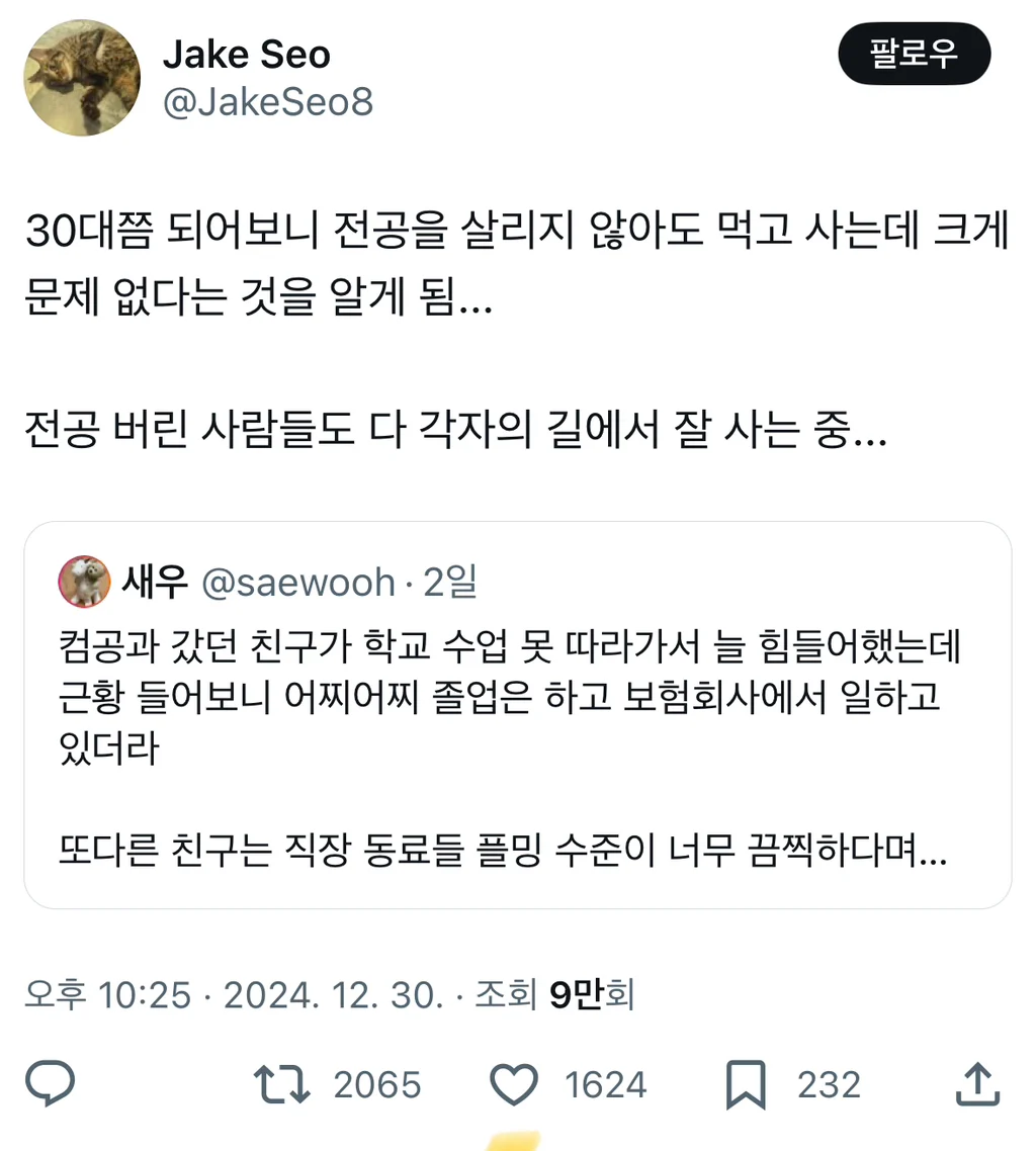 30대쯤 되어보니 전공을 살리지 않아도 먹고 사는데 크게 문제 없다는 것을 알게 됨..